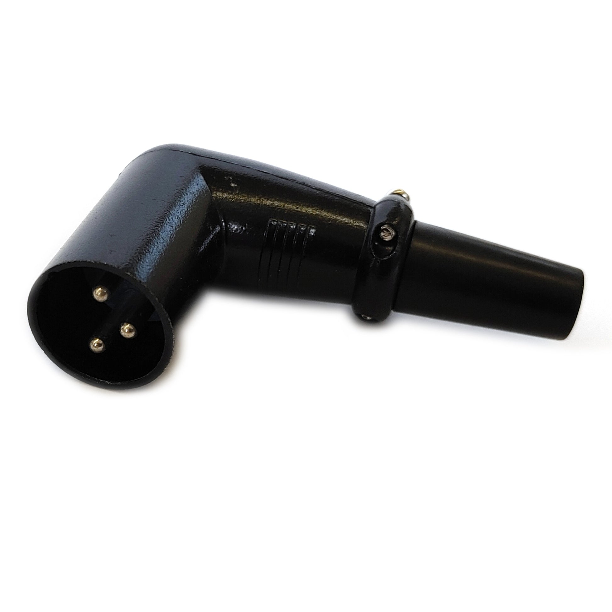 4x XLR Winkelstecker link auf der Seite, Links sind die Kontakte zu sehen, rechts die Zugentlastung aus Gummi