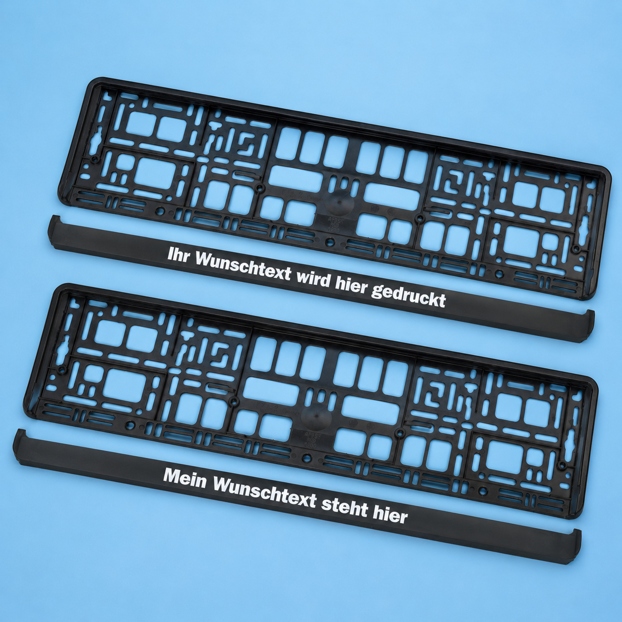 2x KFZ Kennzeichen Halter personalisiert mit Wunschtext | Schwarze Nummernschild Halterung bedruckt