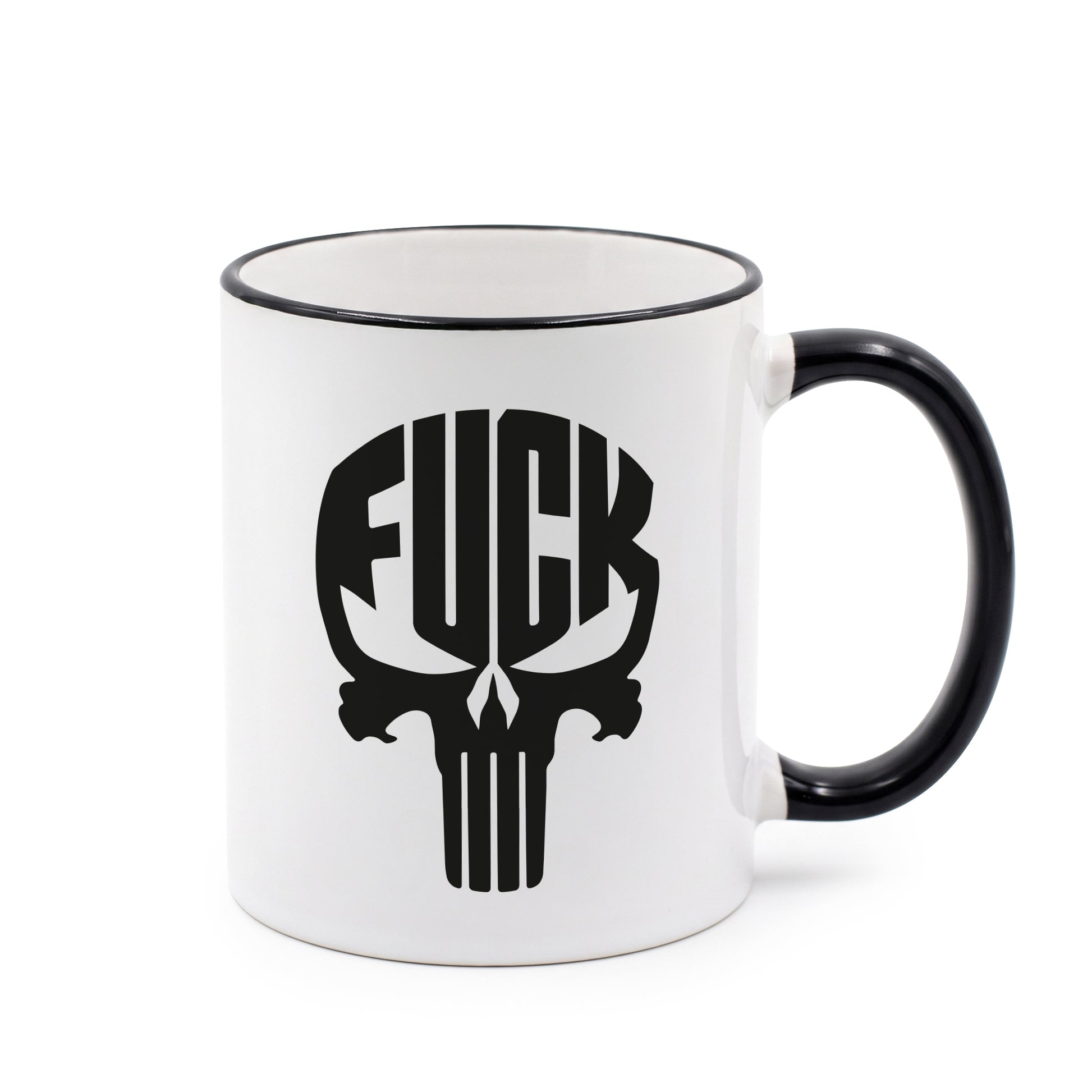 Freigestellte Motivtasse mit FUCK Totenkopf, schwarzem Rand und Henkel