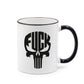 Freigestellte Motivtasse mit FUCK Totenkopf, schwarzem Rand und Henkel
