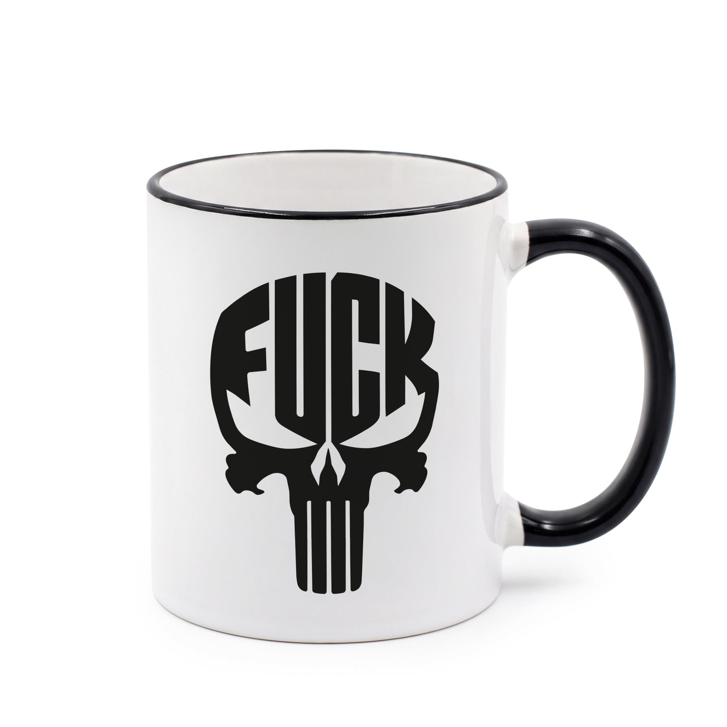 Kaffee Tasse mit FUCK Totenkopf Motiv | Schwarzer Humor Kaffeebecher "Skull" beidseitig bedruckt