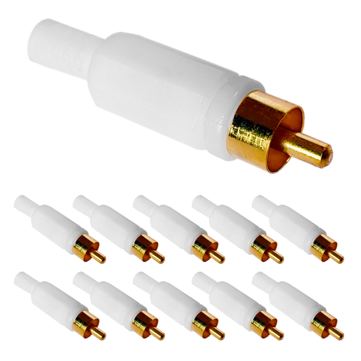Produktansicht der 10 Cinch-Stecker mit vergoldeten Kontakten