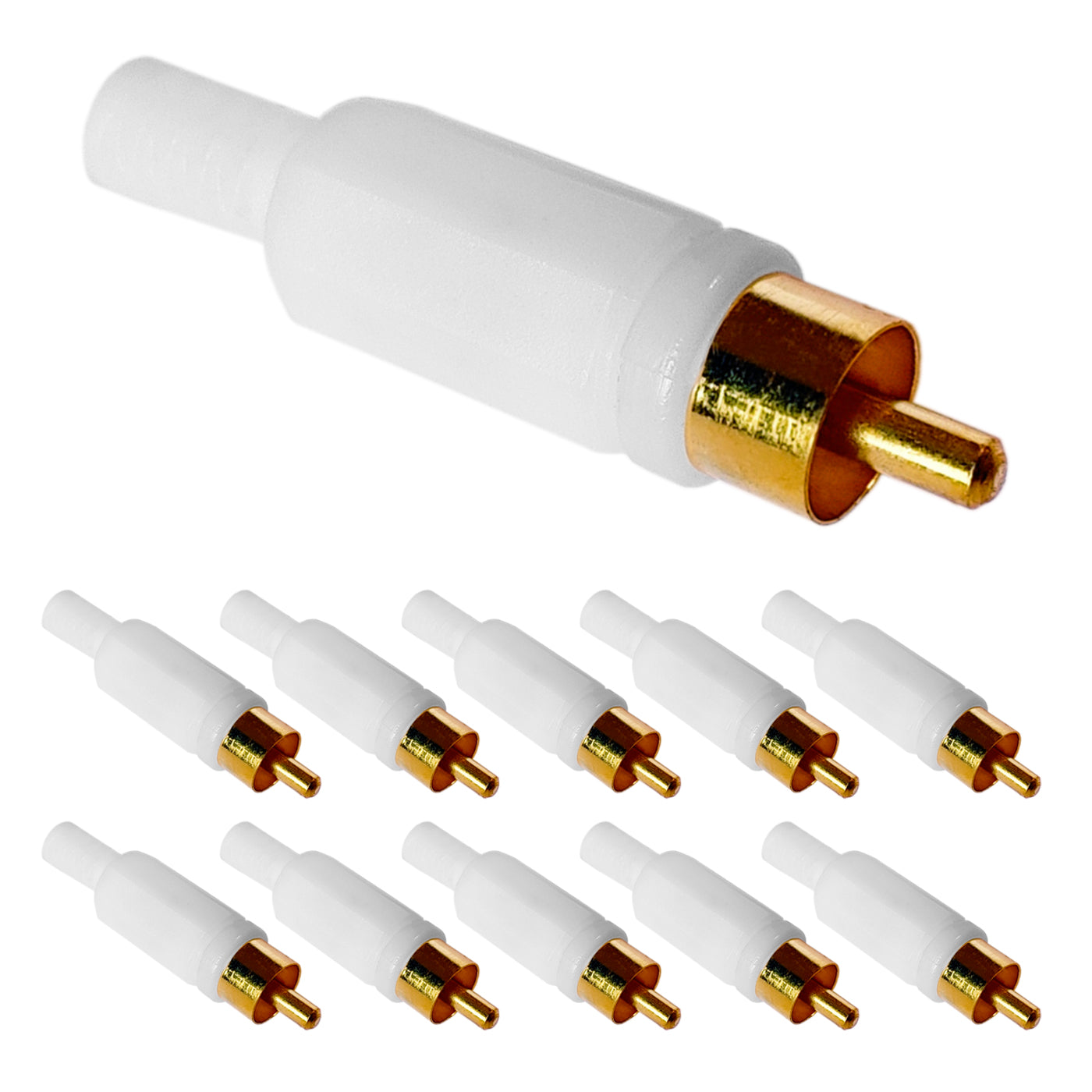 Produktansicht der 10 Cinch-Stecker mit vergoldeten Kontakten