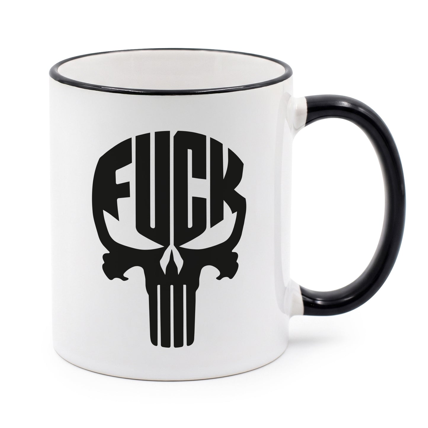 Kaffee Tasse mit FUCK Totenkopf Motiv | Schwarzer Humor Kaffeebecher "Skull" beidseitig bedruckt