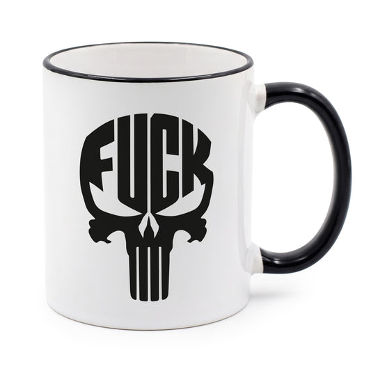 Kaffee Tasse mit FUCK Totenkopf Motiv | Schwarzer Humor Kaffeebecher "Skull" beidseitig bedruckt