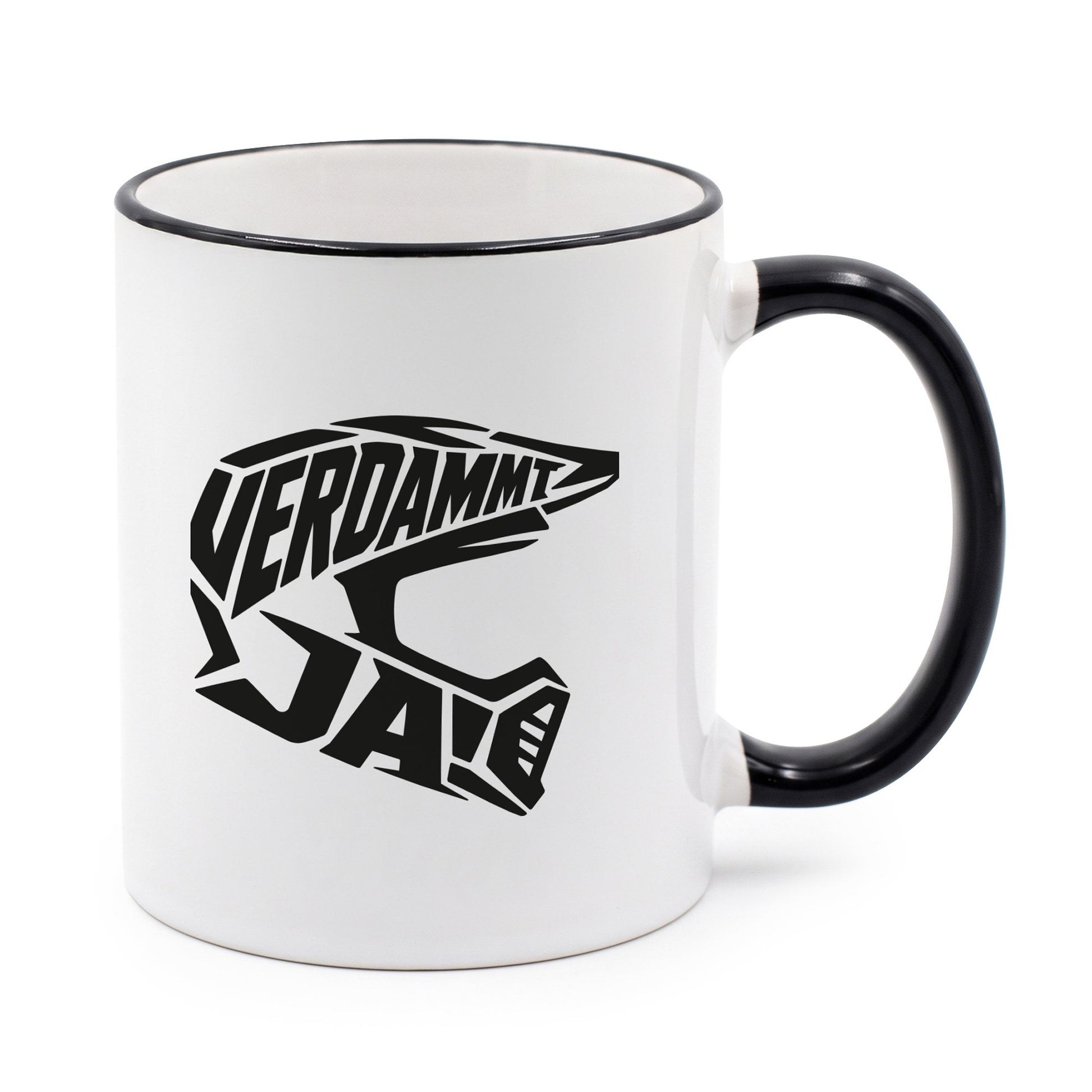 Kaffeetasse mit Verdammt ja Helm Motiv, schwarzem Rand und schwarzem Henkel