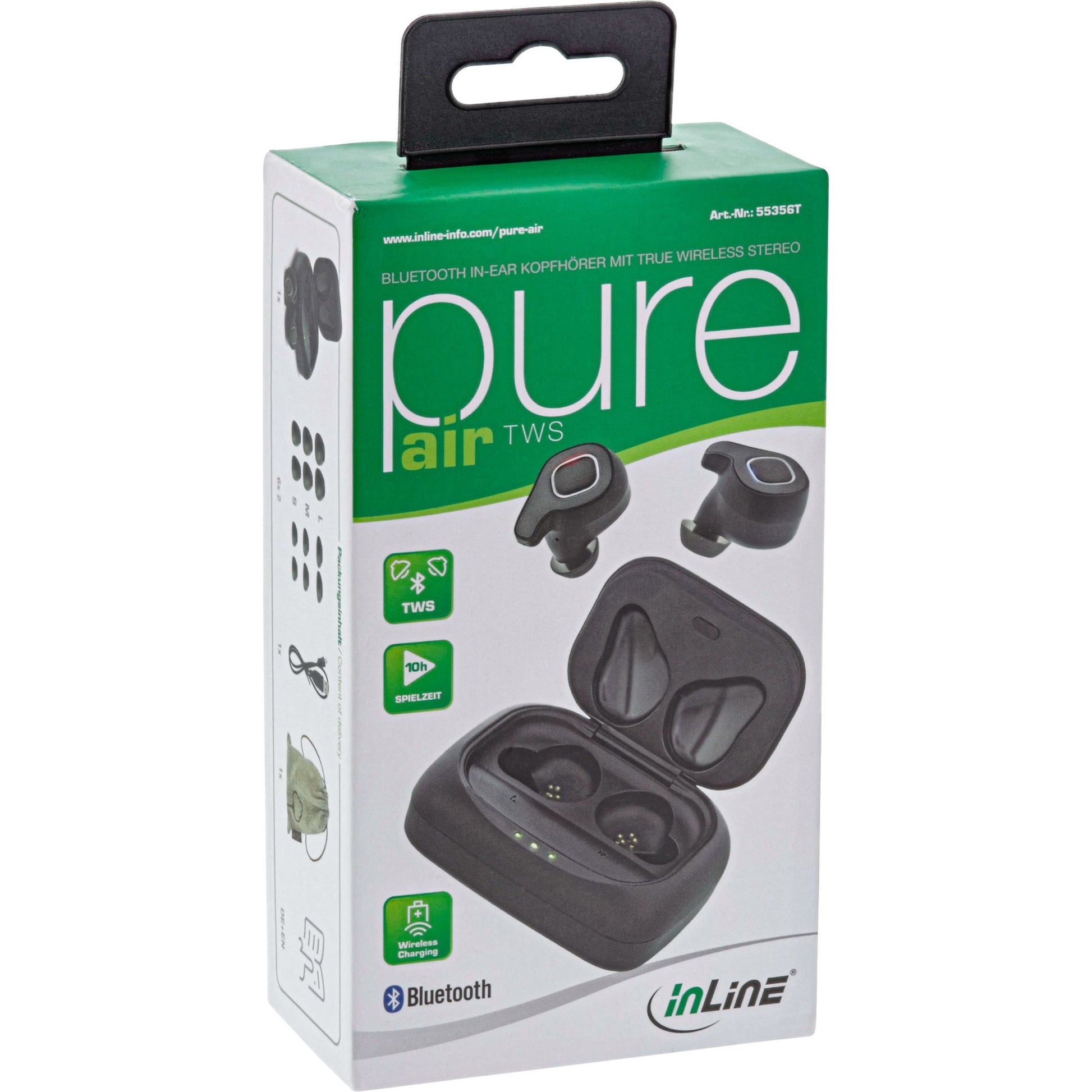 Verpackung vom InLine PURE Air TWS True Wireless Kopfhörer mit Multifunktionstasten und IPX6 Schutz