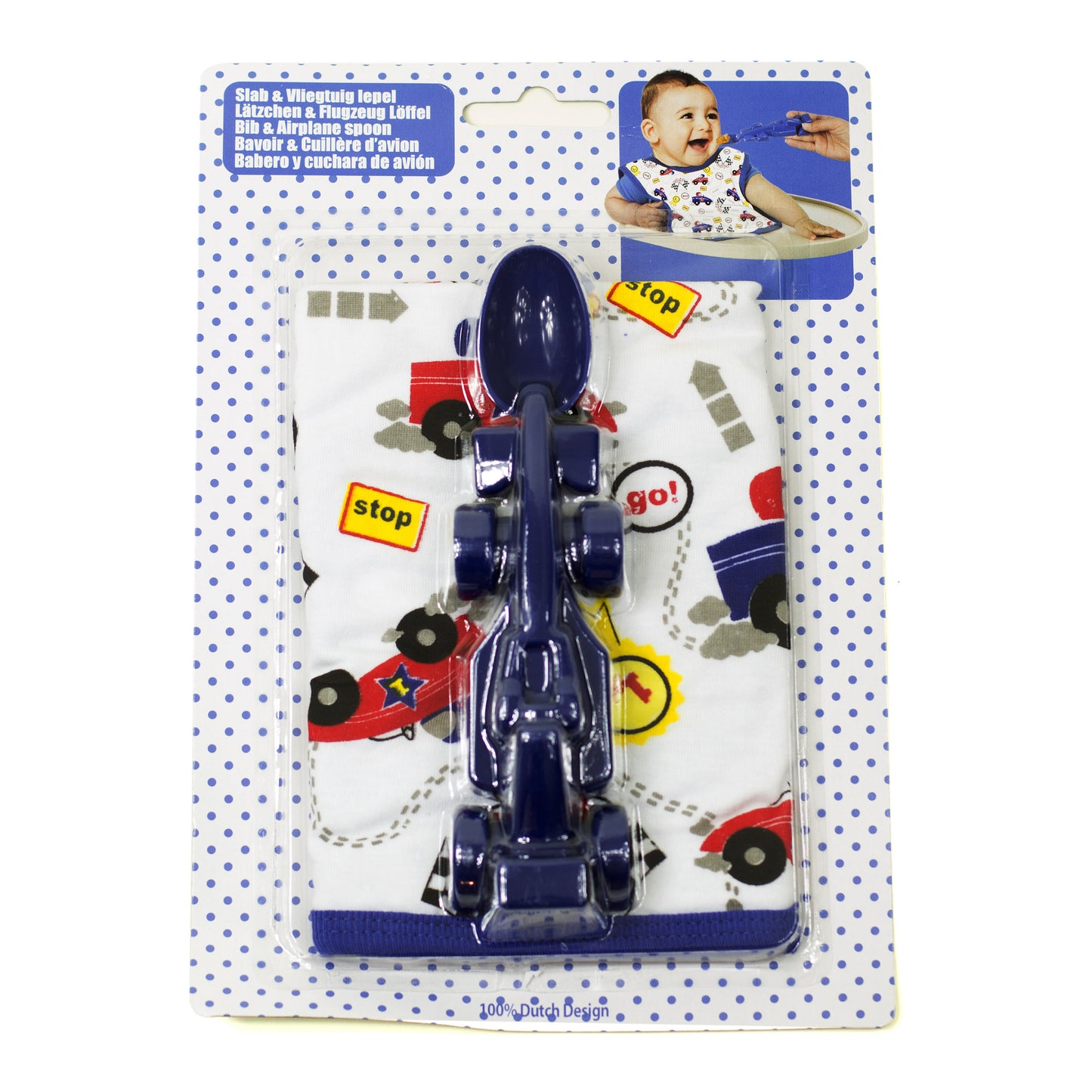 Baby Lätzchen + Rennwagen Löffel in Rot Blau Geschenk Set Jungen Mädchen