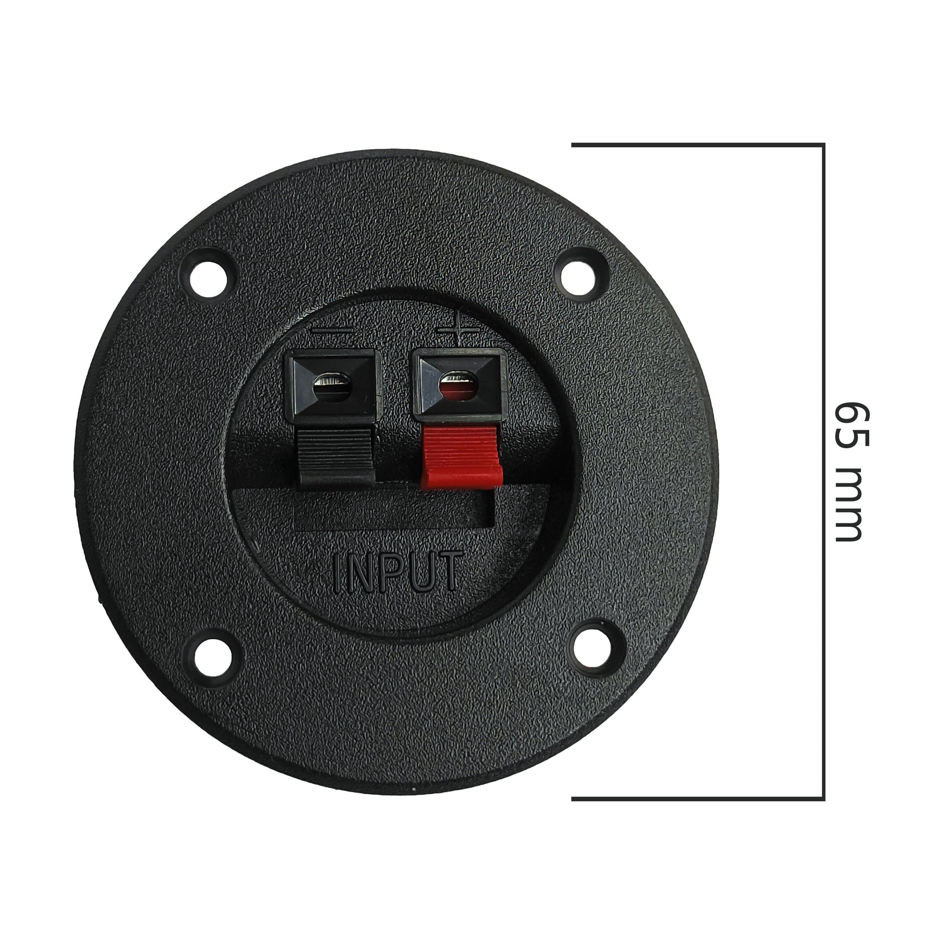 Lautsprecher Anschluss Terminal rund von vorn mit Abmessungen. Gesamtdurchmesser 65mm