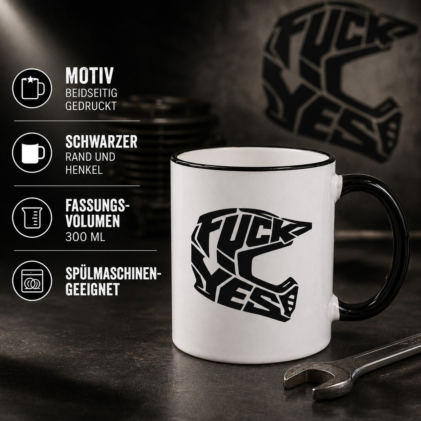Produktbild der FUCK YES Motocrosshelm Tasse mit Infos zu Druck, Rand, Henkel und 300 ml