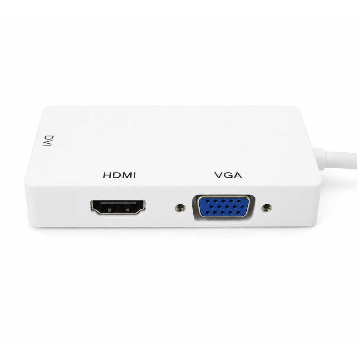 Weißer Mini DisplayPort Adapter mit HDMI und VGA Buchse sowie DVI Anschluss