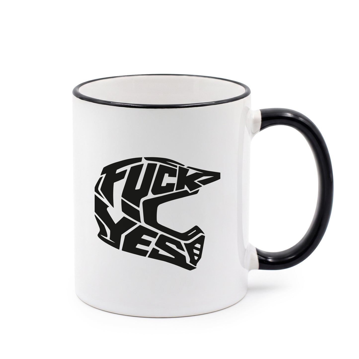 Tasse mit beidseitigem FUCK YES Motocrosshelm Design aus linker Ansicht