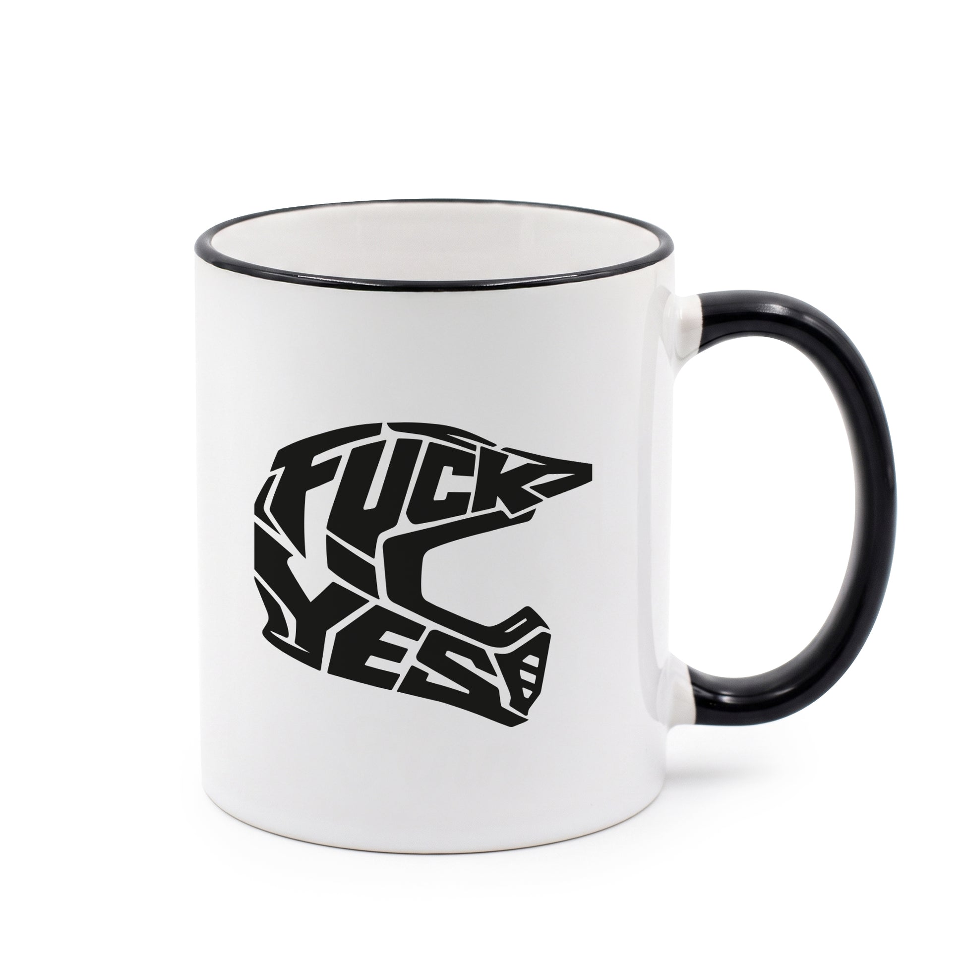 Tasse mit beidseitigem FUCK YES Motocrosshelm Design aus linker Ansicht