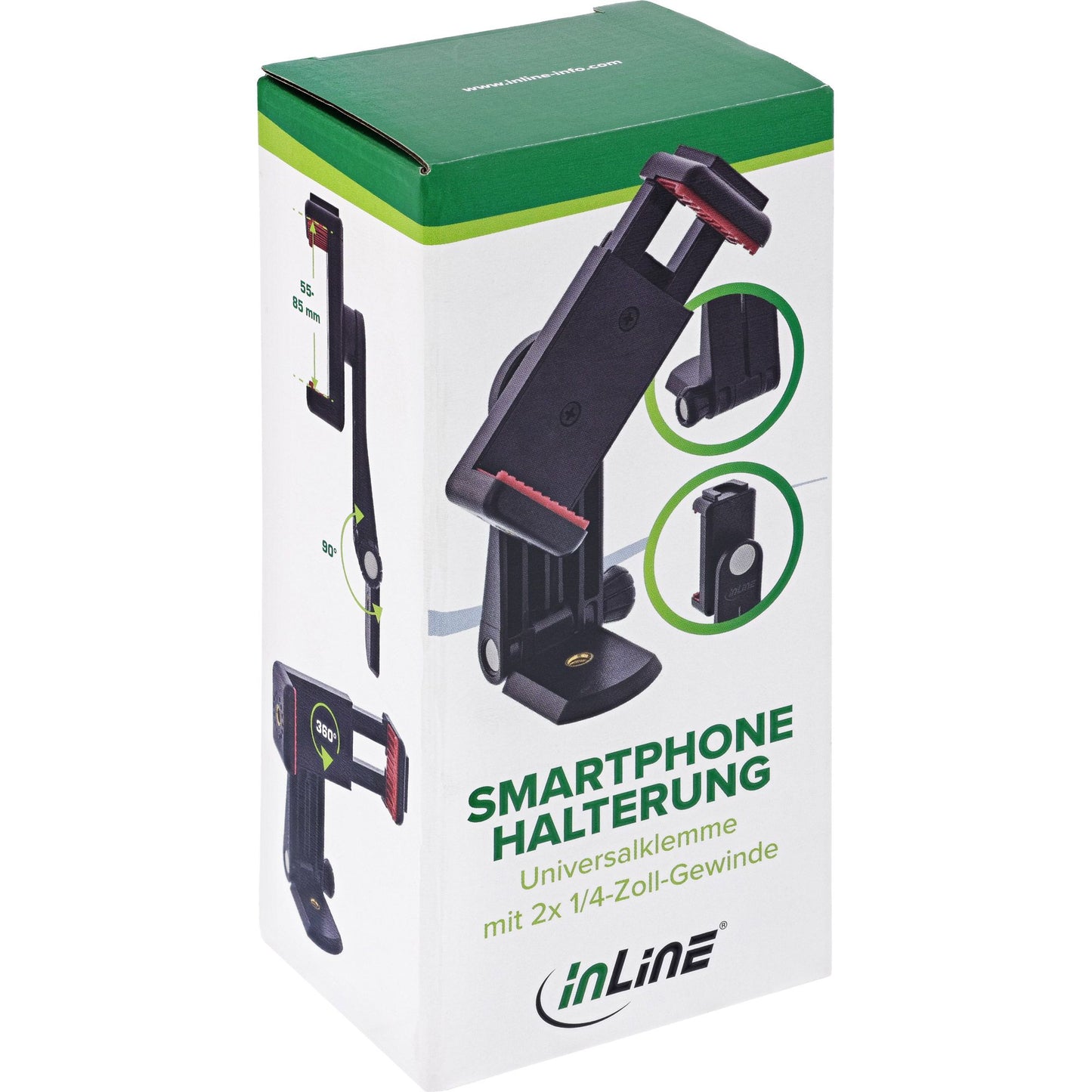 Verpackung der InLine Smartphone Halterung Universalklemme mit 2x 1/4 Zoll Gewinde