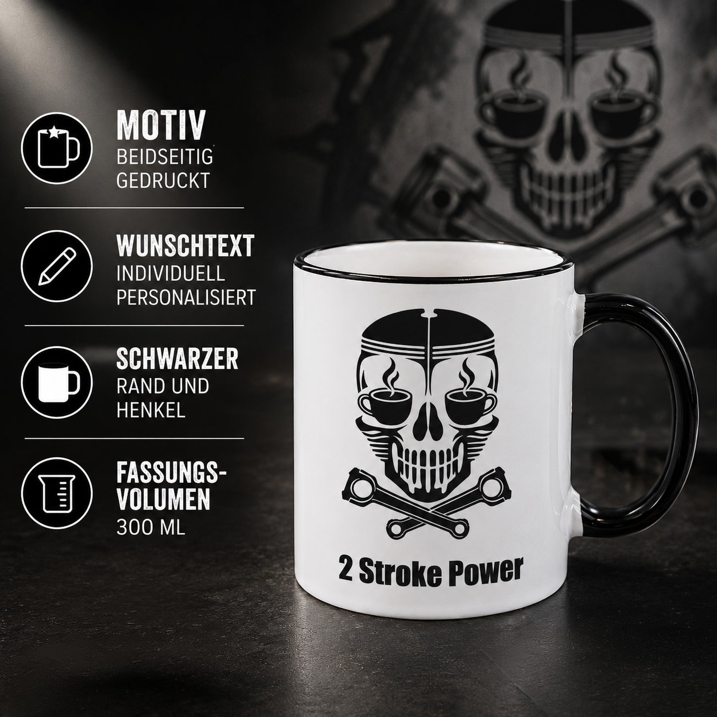 Produktbild der personalisierten Kolben Totenkopf Tasse mit Wunschtext 2 Stroke Power