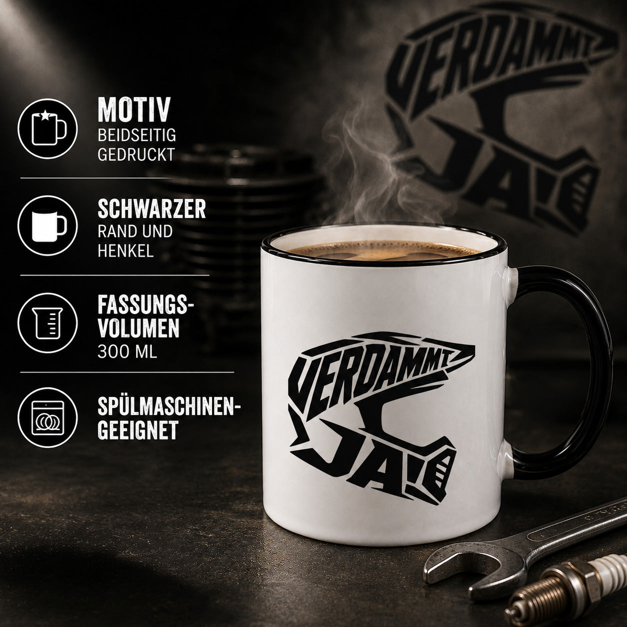 Produktbild der Verdammt ja Motocrosshelm Tasse mit Infos zu Druck, Rand, Henkel und 300 ml