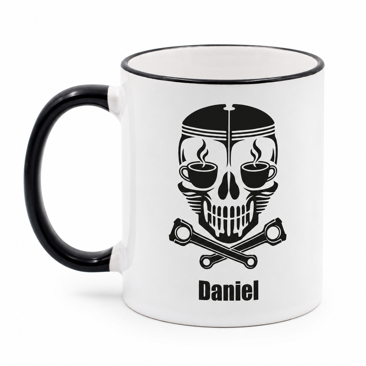 Kaffeetasse mit Wunschtext Daniel, schwarzem Rand und schwarzem Henkel