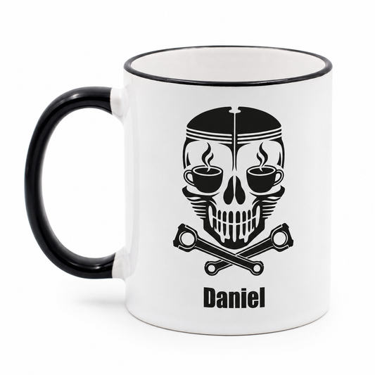 Kaffeetasse mit Wunschtext Daniel, schwarzem Rand und schwarzem Henkel