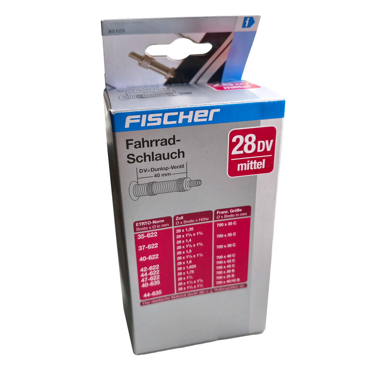 Verpackung vom Fischer Fahrradschlauch 28 Zoll mit Dunlop-Ventil 