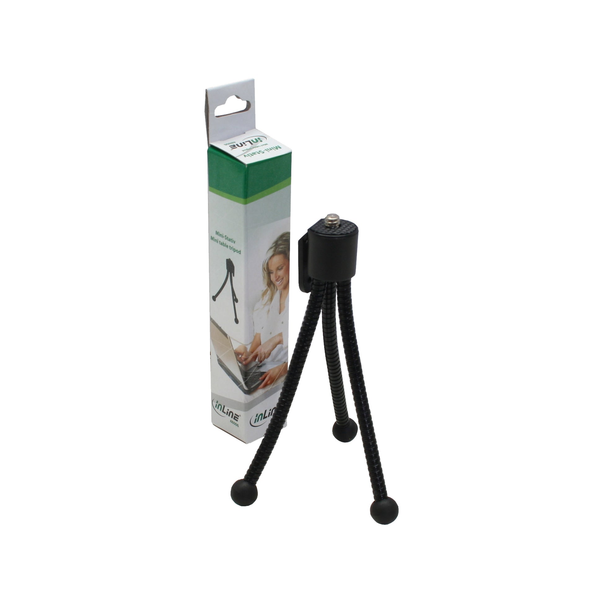 Flexibles Mini Tischstativ mit Verpackung auf weißem Hintergrund