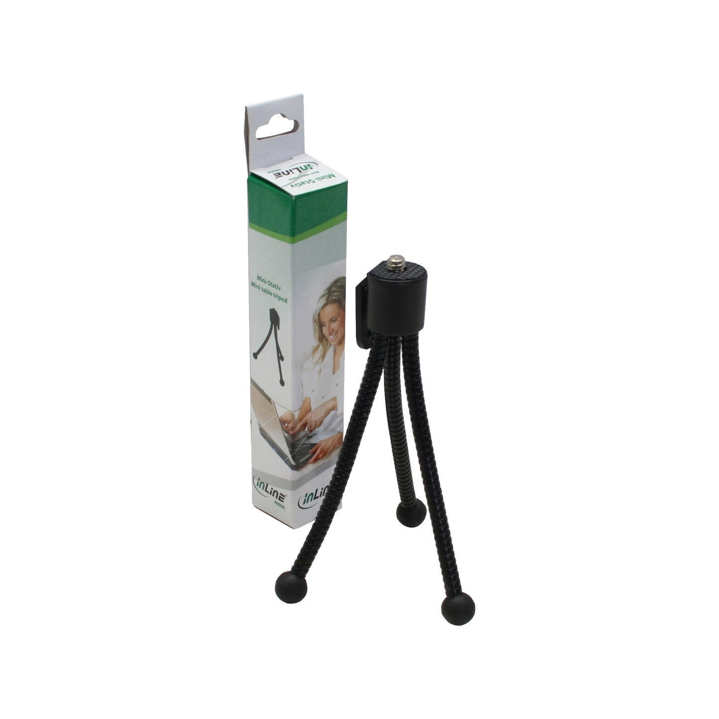 Flexibles Mini Tischstativ mit Verpackung auf weißem Hintergrund