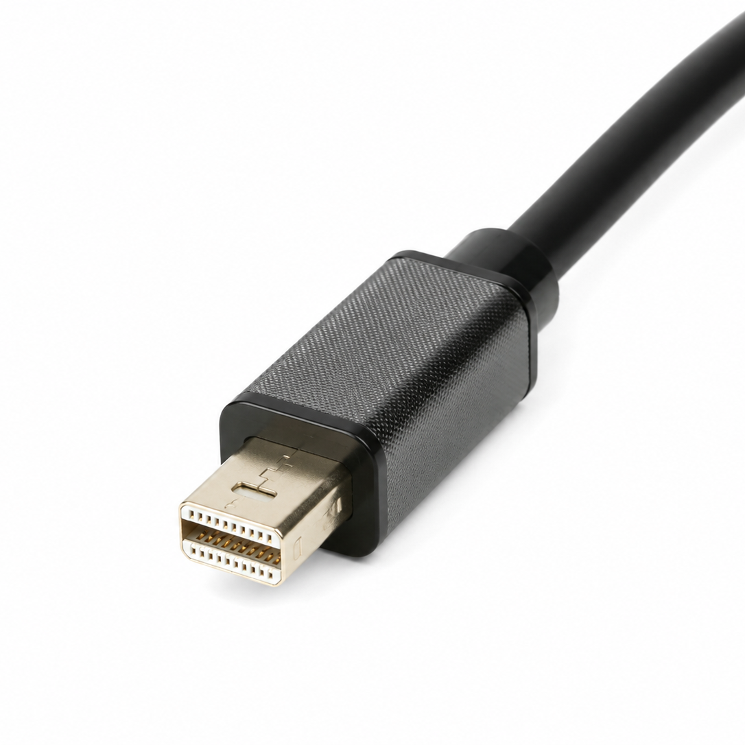 Nahaufnahme vom vergoldeten Mini DisplayPort Stecker am schwarzen Adapterkabel