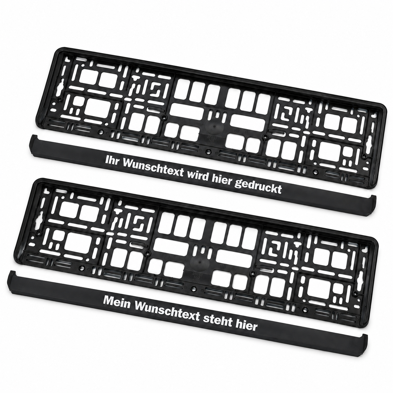 2x KFZ Kennzeichen Halter personalisiert mit Wunschtext | Schwarze Nummernschild Halterung bedruckt