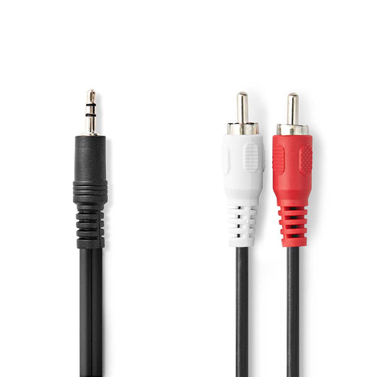 Audiokabel mit zwei Cinch und einen 3,5mm Klinke Stecker auf weißem Hintergrund