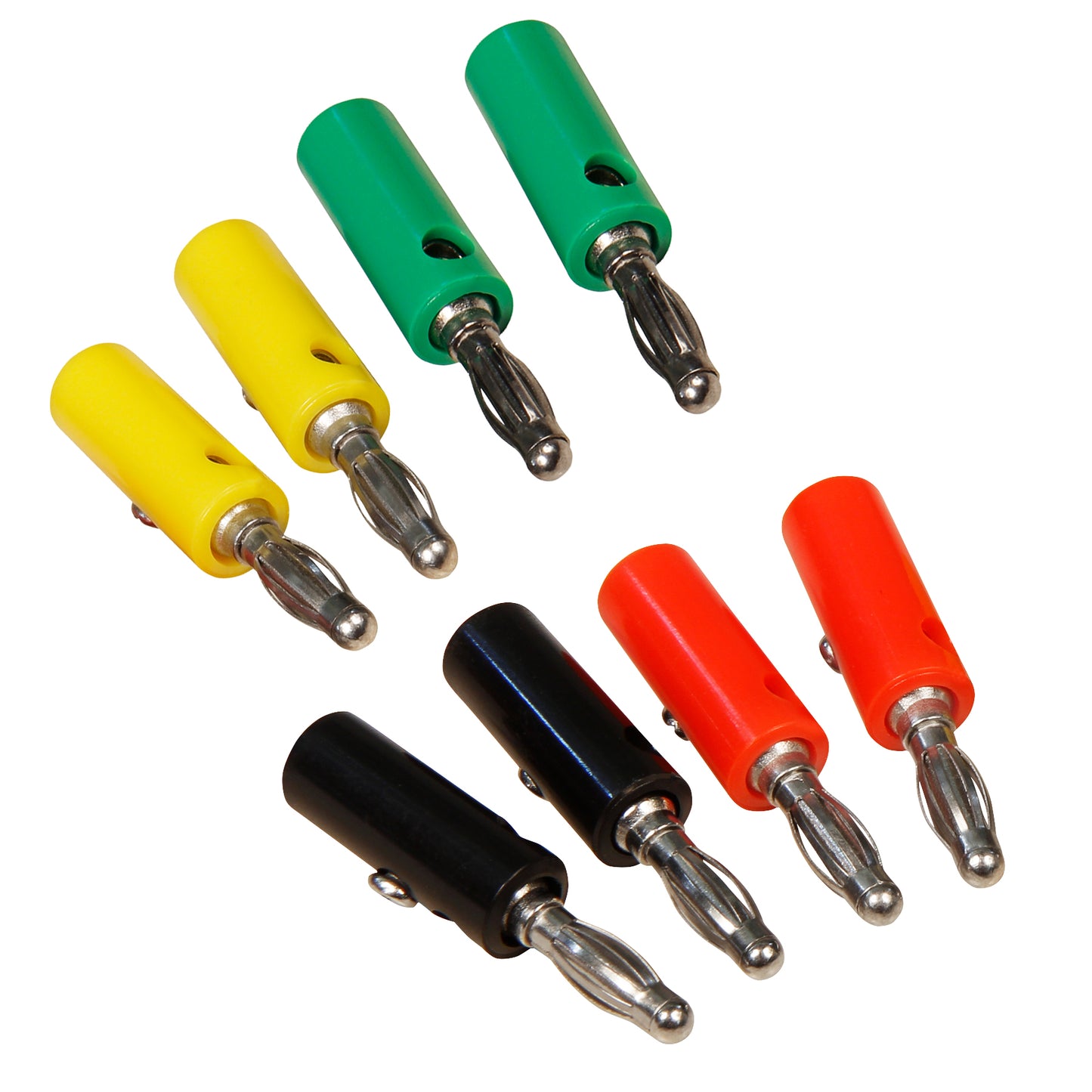 8x Bananenstecker Set 4-Farben Druckfeder Querlochung 4mm Laborstecker Bananas