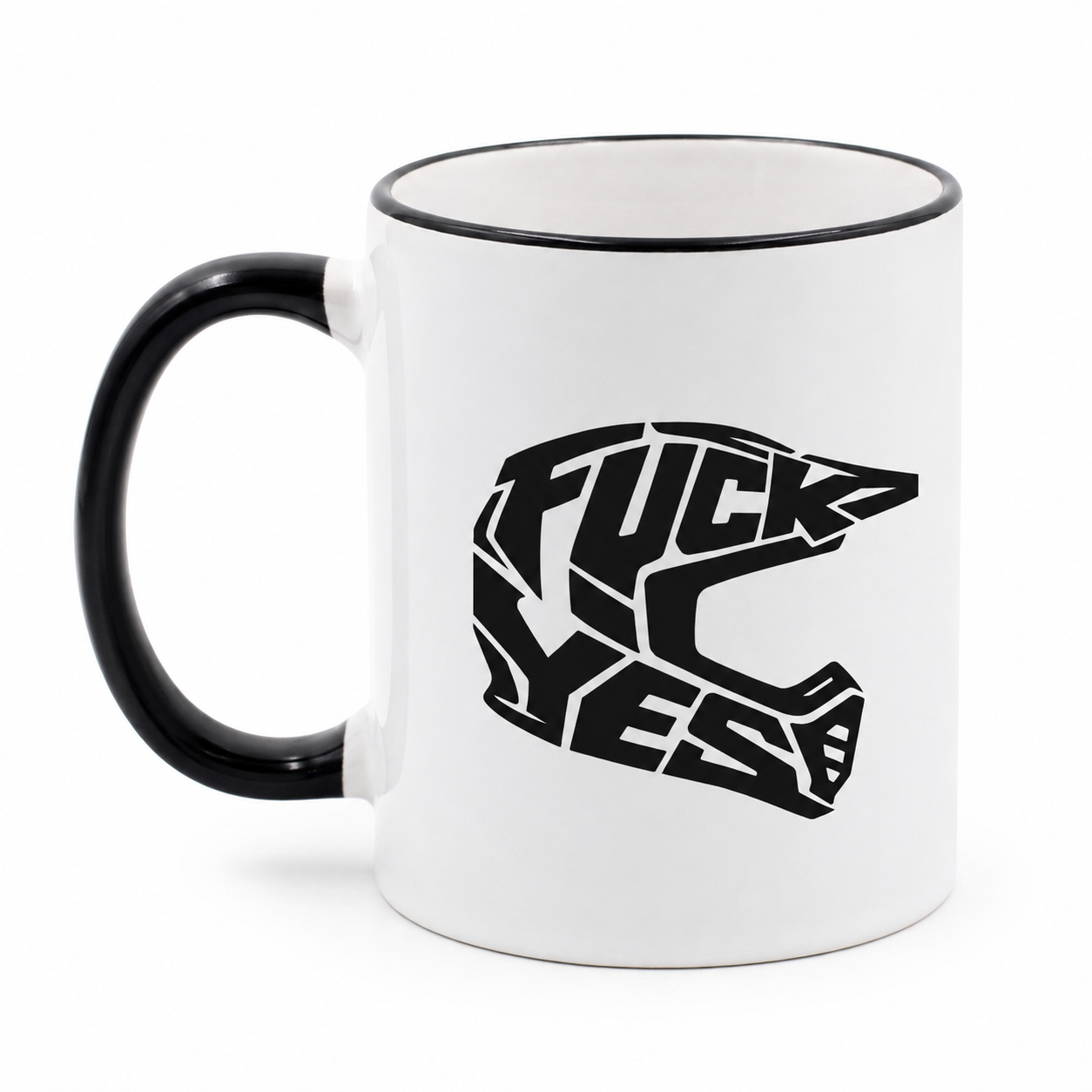Kaffeetasse mit FUCK YES Helm Motiv, schwarzem Henkel und schwarzem Rand