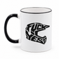Kaffeetasse mit FUCK YES Helm Motiv, schwarzem Henkel und schwarzem Rand