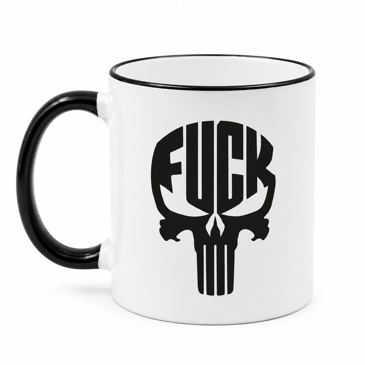 Kaffee Tasse mit FUCK Totenkopf Motiv | Schwarzer Humor Kaffeebecher "Skull" beidseitig bedruckt