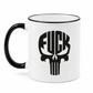 Tasse mit FUCK Skull Motiv, schwarzem Rand und schwarzem Henkel von der anderen Seite