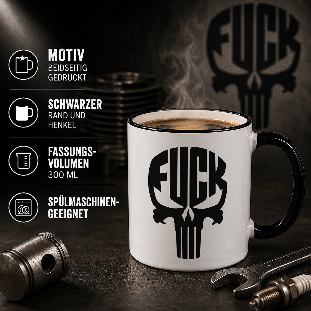 Kaffee Tasse mit FUCK Totenkopf Motiv | Schwarzer Humor Kaffeebecher "Skull" beidseitig bedruckt
