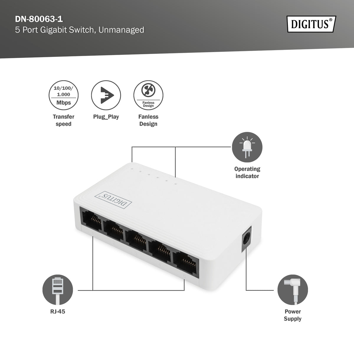 Gigabit Ethernet Switch Digitus 5-Port 10/100/1000 Netzwerk LAN Verteiler Hub