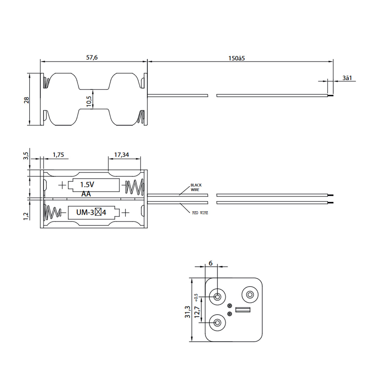 Batteriehalter für 4x AA Mignon Zellen Akkuhalter 2x2 Batteriegehäuse LR6 HR6