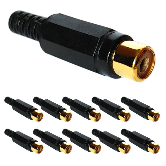 10x Cinch Buchse Schwarz vergoldet zum Löten Knickschutz Audio Kupplung Stecker