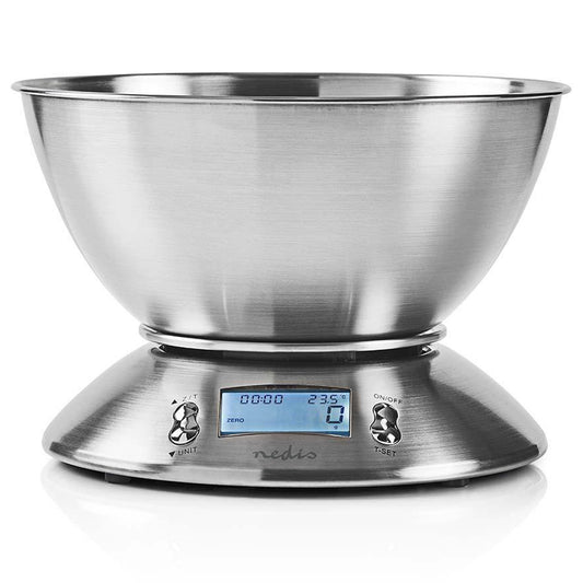Küchenwaage mit Thermometer Timer Funktion und Schüssel Edelstahl Digital Silber