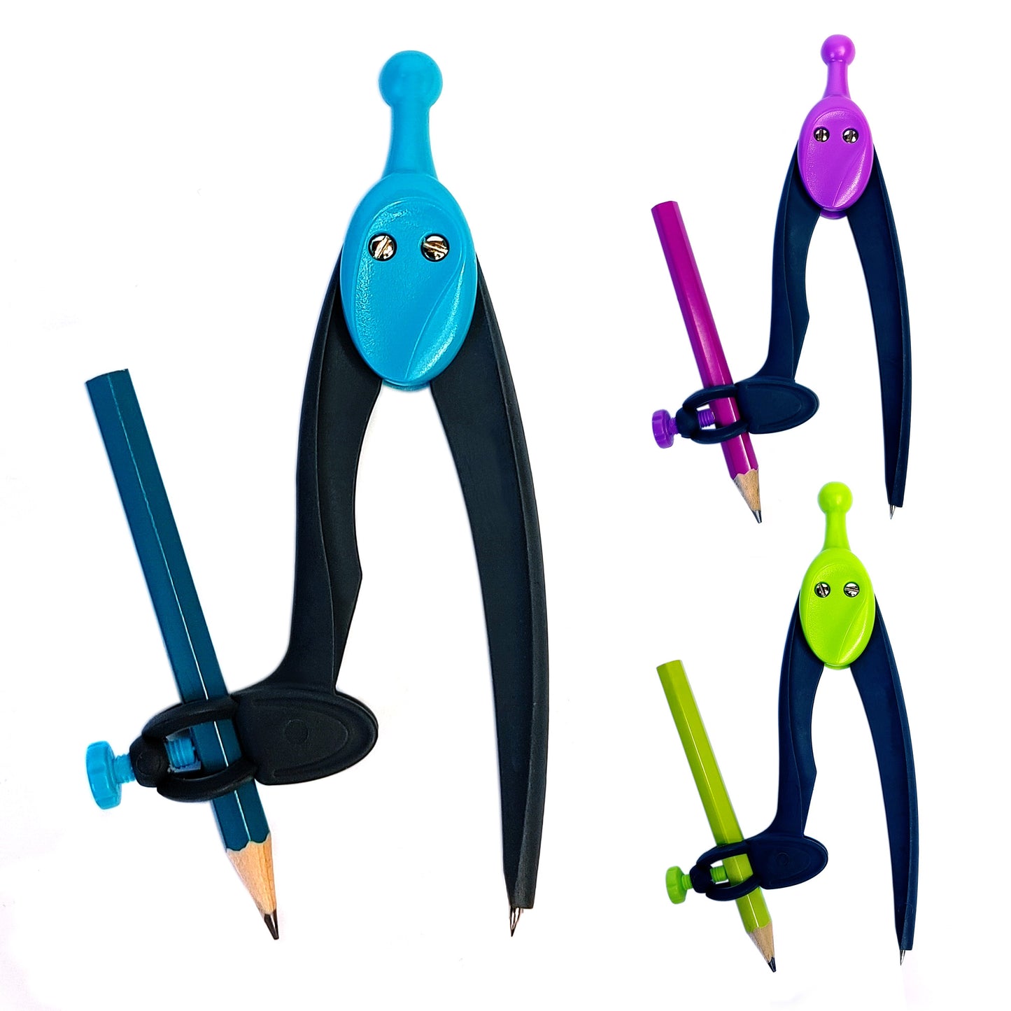 Zirkel mit Stifthalter und Bleistift Blau Grün Lila 360° Geometrie-Schulzirkel