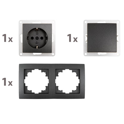 Wechselschalter +Steckdose +Rahmen Set anthrazit weiß Lichtschalter Schuko UP