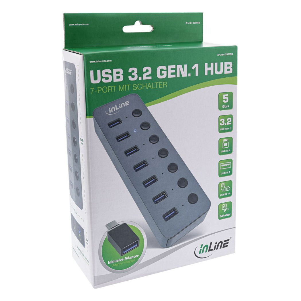 7-Port USB Hub 3.2 mit Ein/Aus Tasten u. Netzteil Alu Verteiler Splitter Adapter